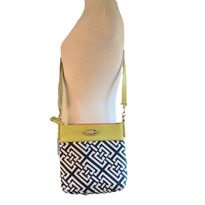 Spartina blue and white patterned crossbody with bright green and gold accent